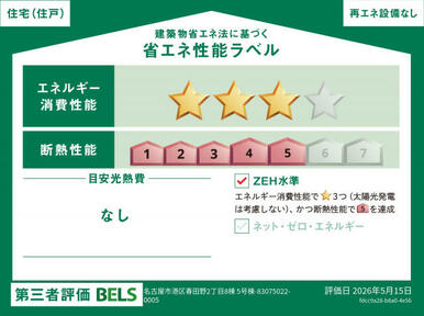 【ブルーミングガーデン 名古屋市港区春田野2丁目8棟 5号棟】省エネ性能ラベル 本ラベルは特定の住戸の性能を示すものではありません。