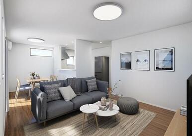 家具のデザインや配置でリビングの印象は大きく変わります。ぜひ自分の感性に合う空間を（1号棟）