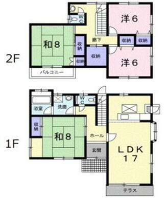 各居室６帖以上のゆったりとした間取りと、約１７帖のＬＤＫ、２階廊下つきあたりの約２帖分の収納有