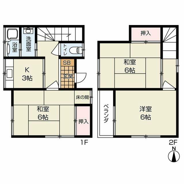 3K(キッチン3帖、和室6畳（1F）、和室6畳（２F)、洋室6畳）