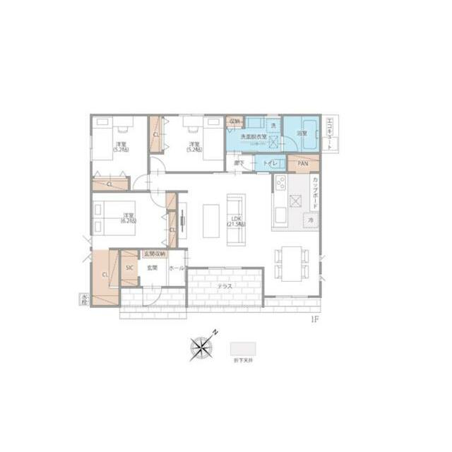 テラスと繋がり開放感のある２１．５帖ＬＤＫ！必ずリビングを通る設計で、家族の時間を大切にできます。