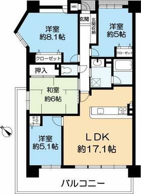 南西向き４LDKの間取り、２方引き回しバルコニー