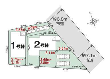 １号棟　２号棟　区画図面　駐車場スペース２台あり