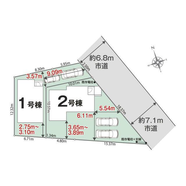 １号棟　２号棟　区画図面　駐車場スペース２台あり