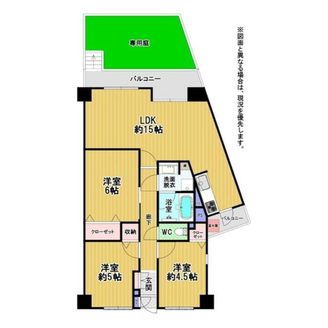 広々ＬＤＫ約１５帖と３つの洋室は、ご家族それぞれのプライベート空間を確保できます。専用庭付きで、お子