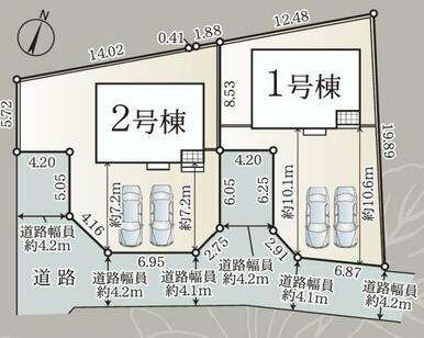 全体区画図 各棟、駐車場スペースは２台以上のゆったりとした区画です。