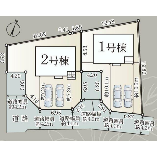 全体区画図 各棟、駐車場スペースは２台以上のゆったりとした区画です。