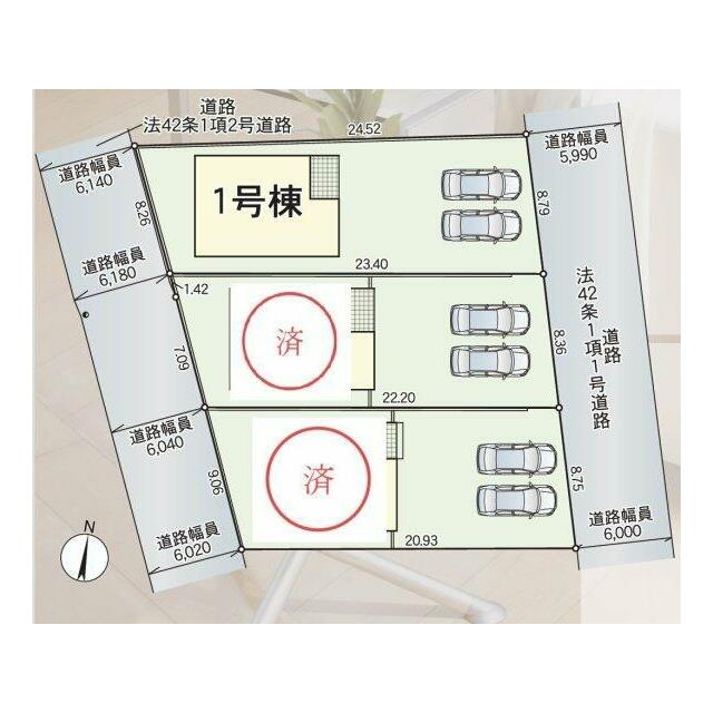全体区画図 各棟、車中心生活を支える駐車場スペースは３台以上で、家族それぞれの行動範囲がグッと広が