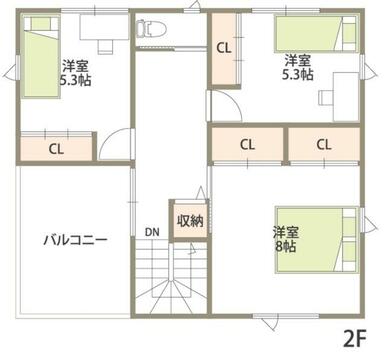 ２階間取り図です。洋室３室があり、各室が二面採光、クローゼットも備わっています。