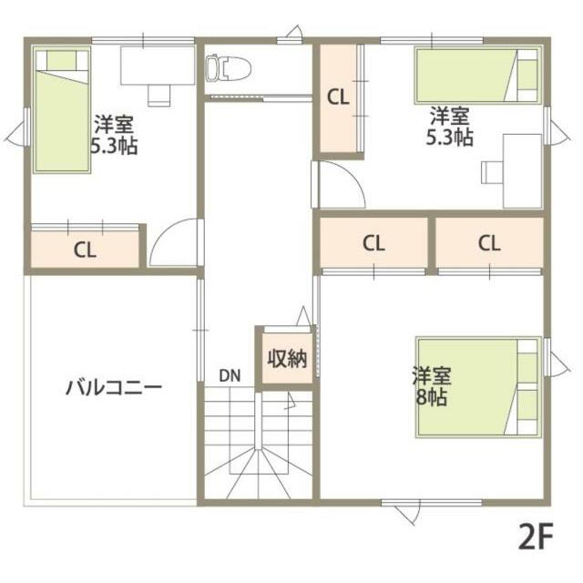 ２階間取り図です。洋室３室があり、各室が二面採光、クローゼットも備わっています。