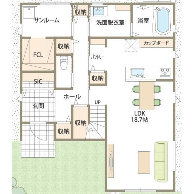 １階間取り図です。ＬＤＫは１８．７帖、ファミリークローゼット付のサンルームがあります。