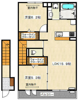 ５．３帖と６．２帖の洋室と１５．９帖のリビングルームといった２ＬＤＫの間取りです。