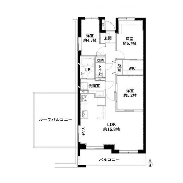 3LDK＋WIC、専有面積70.55平米、バルコニー面積7.65平米、ルーフバルコニー面積20平米