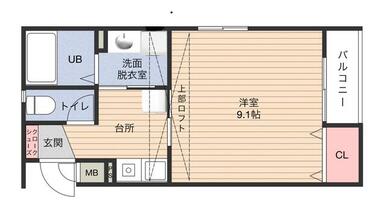 専有面積２９．６７㎡の１Ｋ。角部屋のため日当り良好。勾配天井でお部屋が広々感じられます。