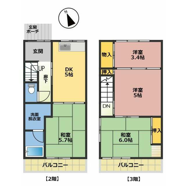 1F：ガレージ　2F：5.7和・5DK　3F：8.4洋・6和