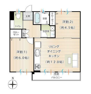 ＬＤＫ（約１２．０帖）・洋室①（約６．０帖）・洋室②（約４．５帖）