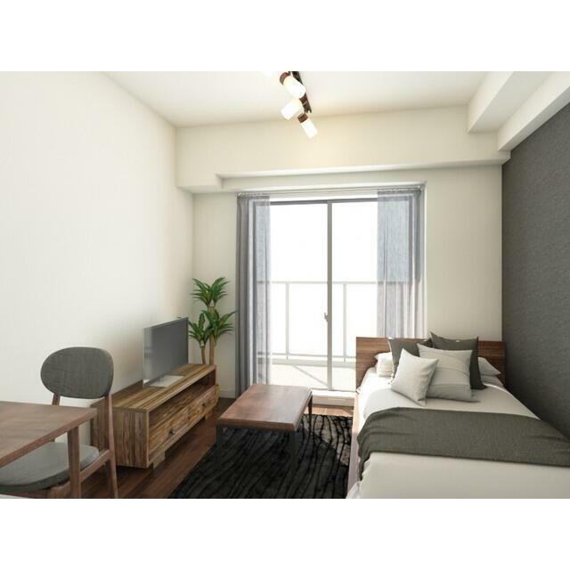 402号室をダーク配色に置き換え作成した家具配置例（CG写真）