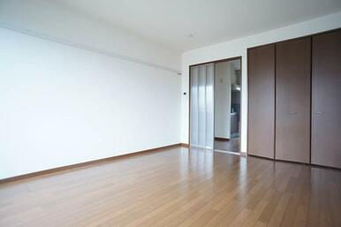 洋室の右側には中段とハンガーパイプを備えた収納、左側にはポスターや時計などを穴を開けずに飾れる化粧幕