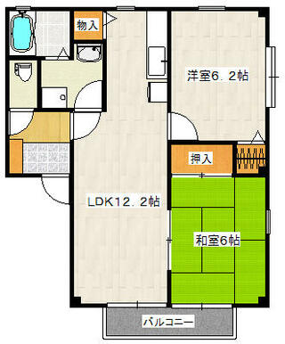 ６．２帖の洋室と６帖の和室と１２．２帖のリビングといった間取りです。