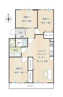 ＬＤＫ（約１３．２帖）洋室①（約４．５帖）洋室②（約６．１帖）洋室③（約６．１帖）