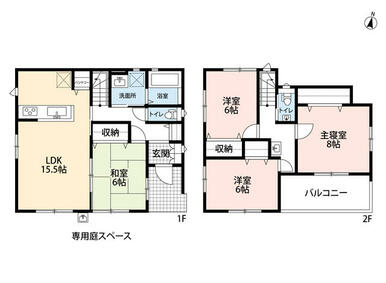 4LDK　LDK横には6帖の和室をご用意　 2階：3洋室　8帖の主寝室には南向きバルコニー付き