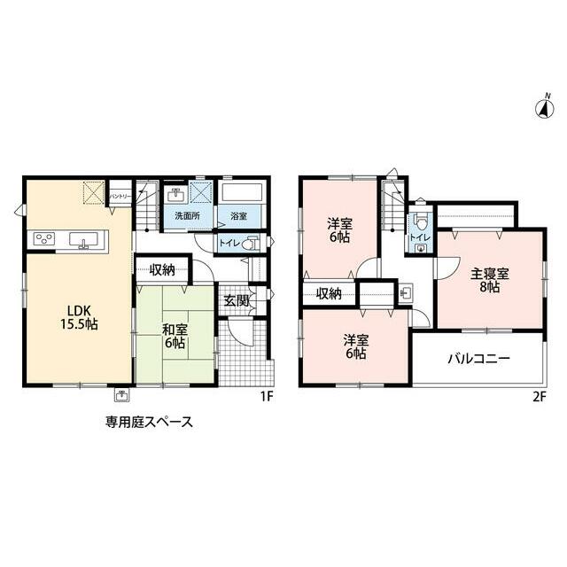 4LDK　LDK横には6帖の和室をご用意　 2階：3洋室　8帖の主寝室には南向きバルコニー付き