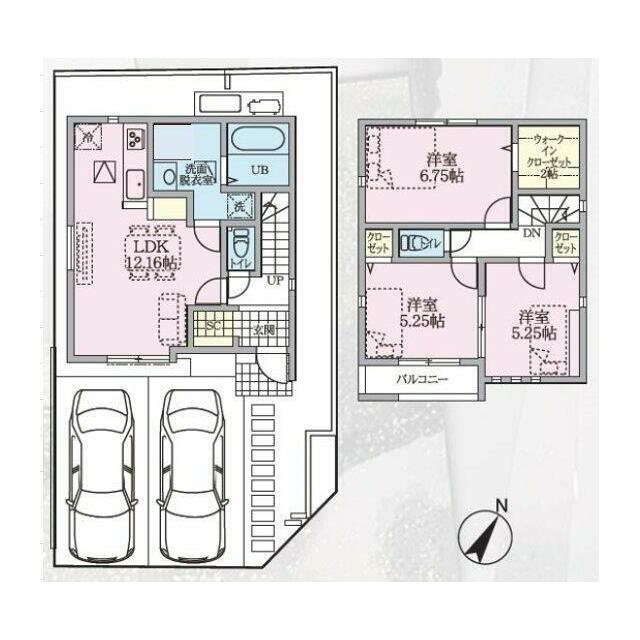 駐車スペース２台つき。２階にもお手洗いがあります。
