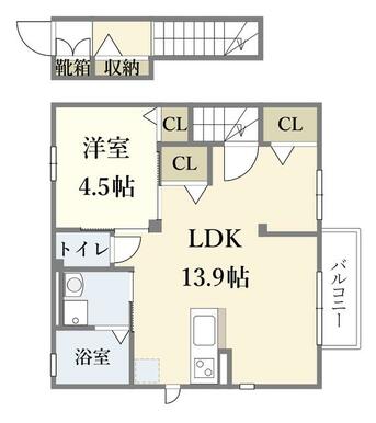 １ＬＤＫのお部屋です。広々１３．９帖のＬＤＫでゆったりくつろげます。