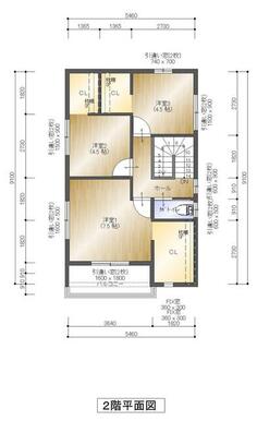 【参考プラン：２階平面】２階トイレあり。各部屋大き目なクローゼット付。ゆったりの３ＬＤＫ。