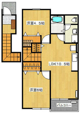 ４．５帖と６帖の洋室と１０．５帖のリビングルームといった２ＬＤＫの間取りです。