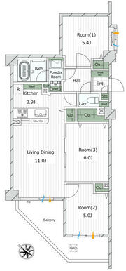 ３ＬＤＫ　６５．２６㎡　南西向きの明るいお部屋です