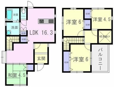 16.3帖のLDK、洋室が3部屋、和室が1部屋ある4LDKの間取りです