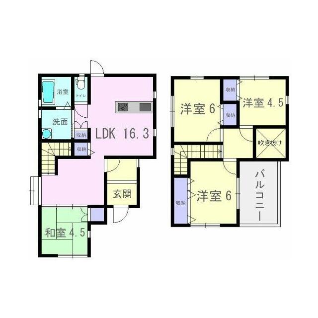 16.3帖のLDK、洋室が3部屋、和室が1部屋ある4LDKの間取りです