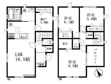 ＬＤＫ１６．５帖　主寝室８．３帖にはウォークインクローゼットを完備　南向きバルコニー