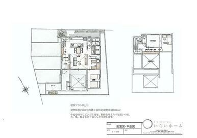 プラン例０２　建物価格２９４０（外構工事別途）万円、中庭を囲うリビングと寝室、平屋使いの家。