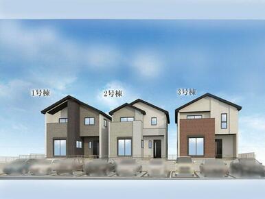 【完成予想図】2026年2月完成。※只今内覧予約受付中　向かって左側が1号棟です