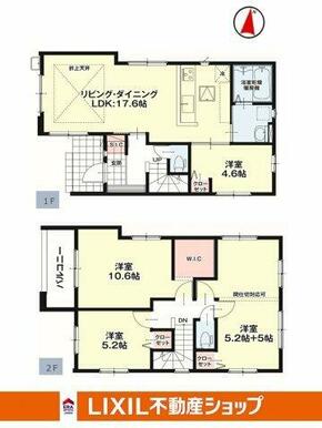 LDK17.6帖、S.I.C、W.I.C付。大容量収納！2階洋室10.2帖は、間仕切対応可能です。