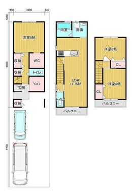 南向き３階建てプラン：１，８１０万円。約９０．７２㎡。水廻り２階のプランです。