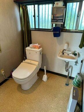 独立した手洗い台を設けた、窓のある衛生的なトイレです。