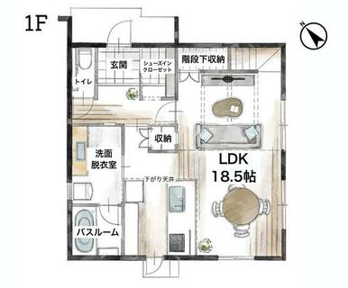 １階　ＬＤＫ１８．５帖、収納、シューズクローゼット付き