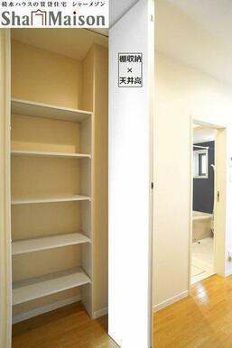 キッチン背面にある棚収納。こちらも折れ戸タイプ。