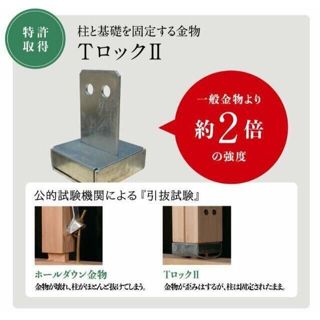 【耐久性】柱と基礎を固定する金物に当社オリジナルの「TロックII」を使用。柱固定金物の中でも非常に高い性能を持つ従来の「ホールダウン金物」の約2倍の強度で、台風などの強風への強い耐久性があります。