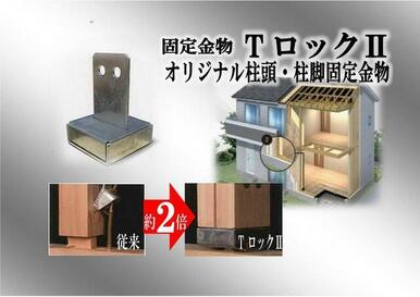 【耐久性】柱と基礎を固定する金物に当社オリジナルの「TロックII」を使用。柱固定金物の中でも非常に高い性能を持つ従来の「ホールダウン金物」の約2倍の強度で、台風などの強風への強い耐久性があります。