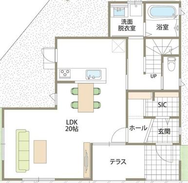 １階間取り図です。玄関ポーチ横には土間部分を設置しています。