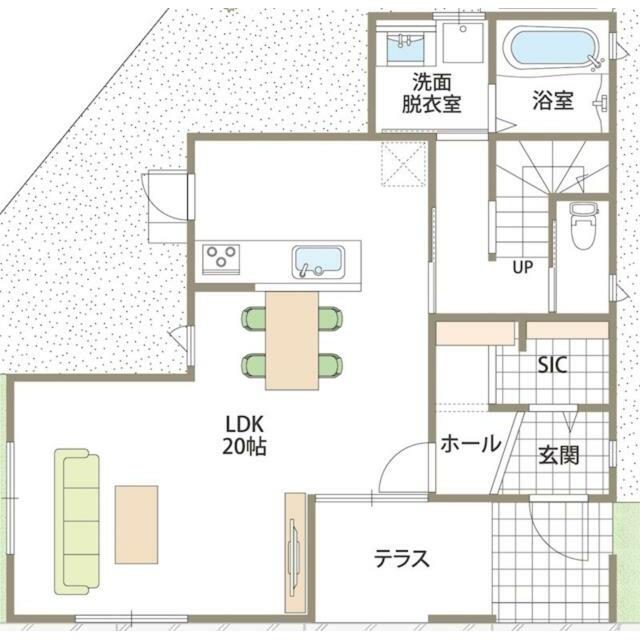 １階間取り図です。玄関ポーチ横には土間部分を設置しています。