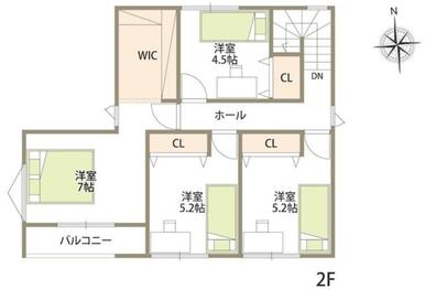 ２階間取り図です。洋室４室、各洋室ともクローゼット付きです。
