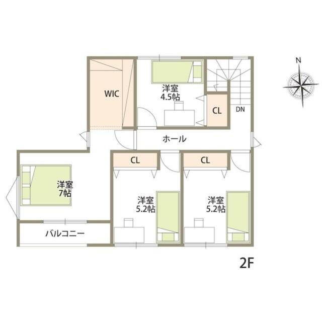 ２階間取り図です。洋室４室、各洋室ともクローゼット付きです。