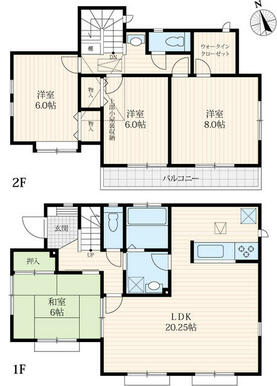 ４ＳＬＤＫファミリータイプ　洋８帖、洋６帖×２、和６帖、ＬＤＫ２０．２５帖
