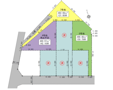 現在７号地のみ売却中です。進入口につきまして、詳細はお電話にてお伝えいたします。