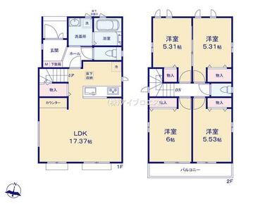 ２階建４ＬＤＫの使いやすい間取り　車庫２だ台可能！住宅性能評価取得の安心のお家です